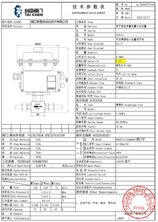 氣動小流量調節閥選型表
